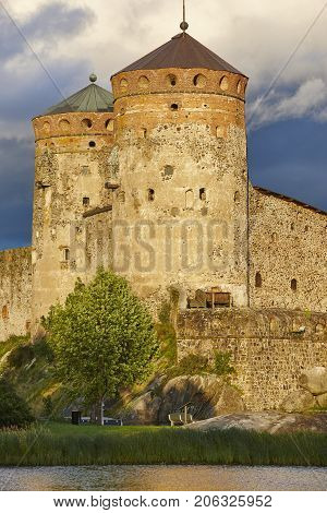 Savolinna castle fortress tower. Finland landmark. Finnish heritage. Vertical