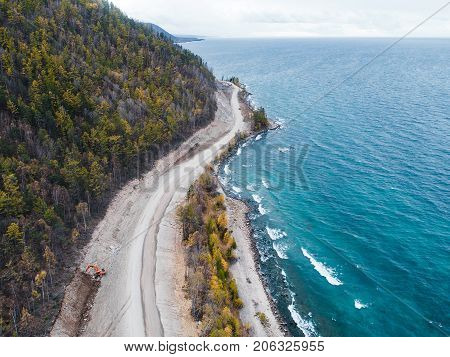 aerial view road shore water lake forest