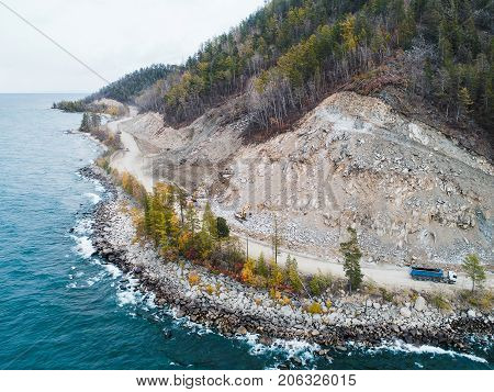 aerial view road shore water lake forest