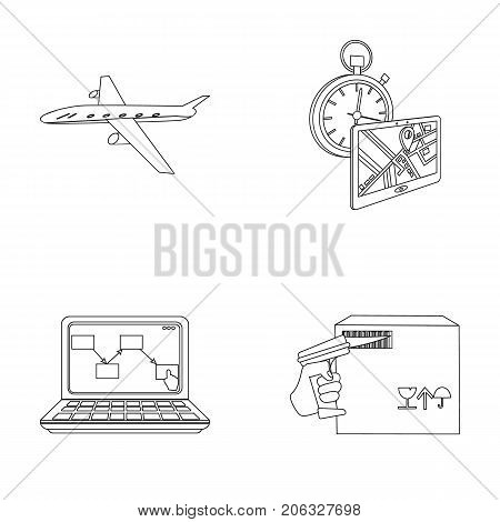 Transport aircraft, delivery on time, computer accounting, control and accounting of goods. Logistics and delivery set collection icons in outline style isometric vector symbol stock illustration .