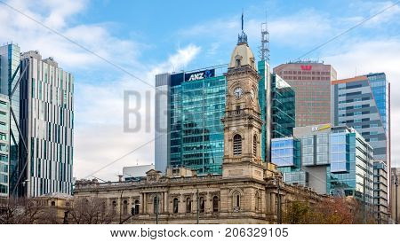 Adelaide Australia - June 28 2017: Adelaide City Centre buildings viewed from Victoria Square at morning time