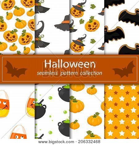 Set paintings on a hilarious Halloween . Eight seamless fabrics under the clipping Maski. The cartoon drawings .A fun filled holiday. Stock vector.