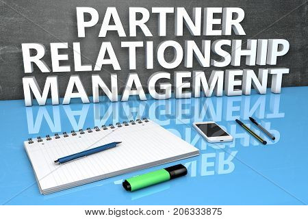 Partner Relationship Management - text concept with chalkboard, notebook, pens and mobile phone. 3D render illustration.