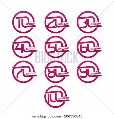 Set of anniversary signs from 10th to 100th. Stock vector illustration. Signs design elements on a white background.