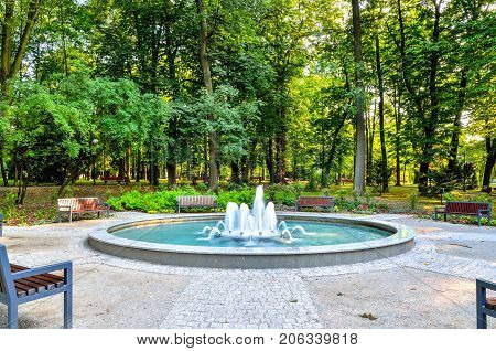 Nice fountain in the urban park. Green park in the city of Chrzanow Poland.