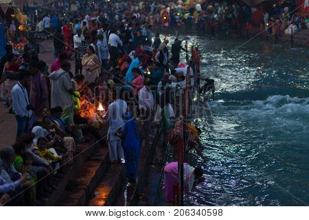 Haridwar, India - March 20, 2017:  Holy Ghats At Haridwar, India, Sacred Town For Hindu Religion. Pi