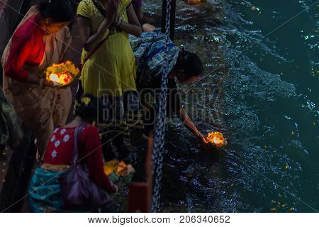 Haridwar, India - March 20, 2017:  Holy Ghats At Haridwar, India, Sacred Town For Hindu Religion. Pi