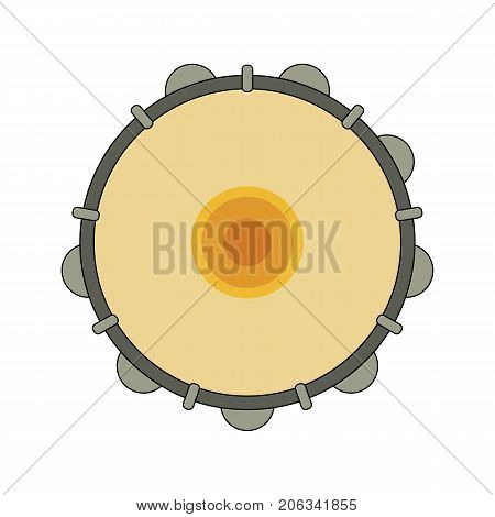 Isolated colorful decorative ornate tambourine pandeiro on white background. Colored brazilian musical instrument for bateria of capoeira. View from above
