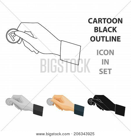 Hand holding coin for parking meter icon in cartoon design isolated on white background. Parking zone symbol stock vector illustration.