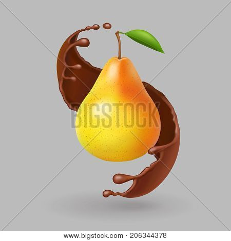 Pear realistic fruit in chokolate splash. Vector illustration.