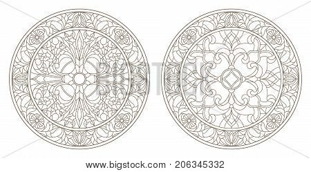 Set contour illustrations of stained glass round stained glass floral dark outline on a white background