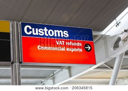 Heathrow Airport, Longford, UK: March 05, 2017: Customs and VAT refund sign for commercial exports