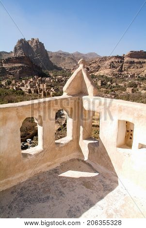 View from the rooftop of Dar al Hajar house tower at Wadi Dhahr on Yemen