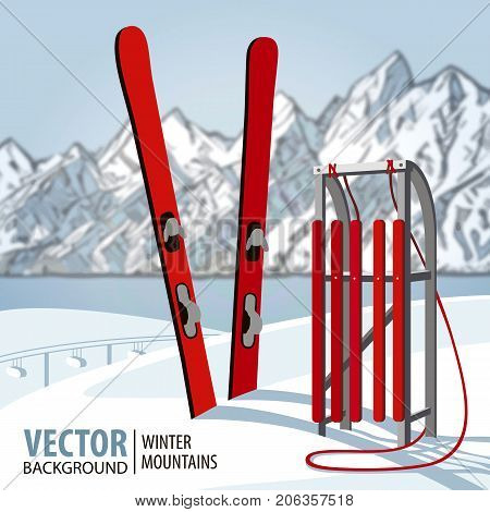 Red wooden sled and ski. Mountains in winter season. Vector background