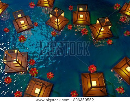 lanterns and flowers floating on the water. 3d illustration