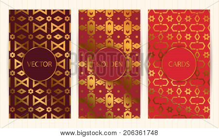 Set Of Cards In Golden Color On Colorful Backgrounds. Vector Business Templates For Restaurant Menu,