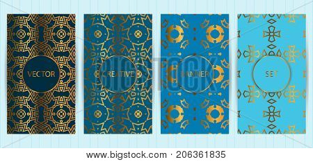 Set Of Cards In Golden Color On Colorful Backgrounds. Vector Business Templates For Restaurant Menu,