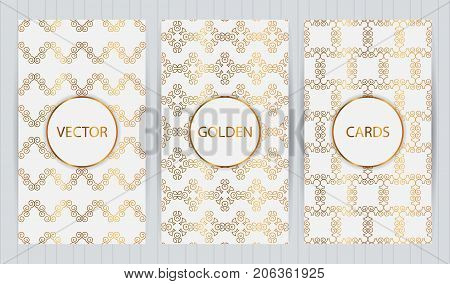 Set Of Cards In Golden Color On Light Grey Background. Vector Business Templates For Restaurant Menu