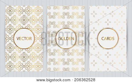 Set Of Cards In Golden Color On Light Grey Background. Vector Business Templates For Restaurant Menu