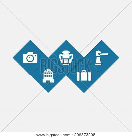 Collection Of Building, Seamark, Photo Apparatus And Other Elements.  Set Of 5 Travel Icons Set.