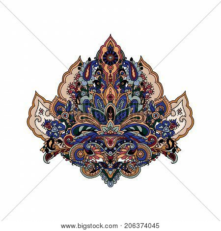 Luxurious paisley composition. Vector image of stylized lotus flower. Traditional motive of Russia, India, Persia isolated on white background. Yoga symbol. Element for your design.