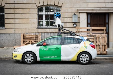 Berlin Germany - September 27 2017: The Google maps / Google Street view car with 360° camera on the street.