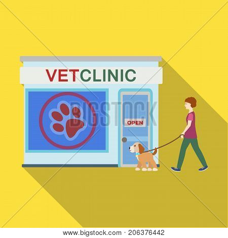 Visiting the vet clinic, the pet, dog on a leash with the hostess. Pet, dog care single icon in flat style vector symbol stock illustration .
