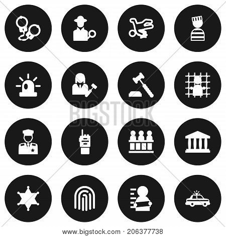 Collection Of Suspicious, Manacles, Thumbprint And Other Elements.  Set Of 16 Criminal Icons Set.