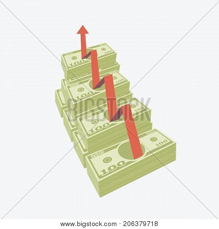 Vector illustration of rising money charts with red arrow.
