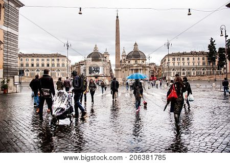Rome Italy - October 31 2012: The Flaminio Obelisk is one of the thirteen ancient obelisks in Rome. It is located in the Piazza del Popolo.