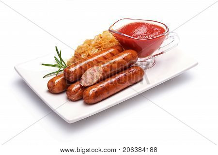 Grilled sausage with sauerkraut, isolated on white background