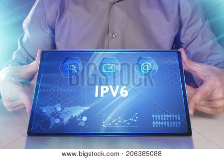 Business, Technology, Internet And Network Concept. Young Businessman Working On A Virtual Screen Of