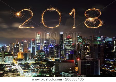 2018 Happy New Year Firework With Singapore Cityscape At Night