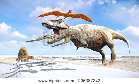 Velociraptor and pterodactyl 3d rendering