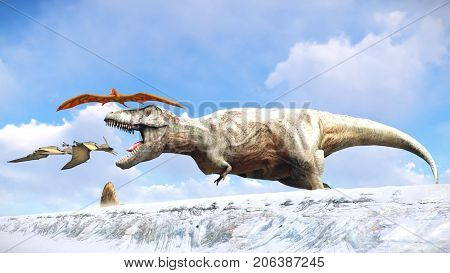 Velociraptor and pterodactyl 3d rendering