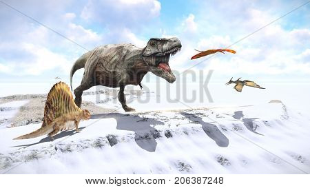 Velociraptor and pterodactyl 3d rendering