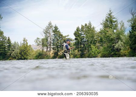 Fly-fisherman fishing in the Gallatin River, Montana