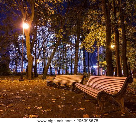 Night autumn view of illuminated St. Nicholas Naval Cathedral and benches in Nikolskiy garden St. Petersburg Russia