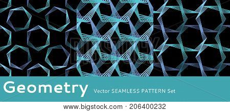 Geometry hexagon line seamless pattern in vector in white green Turquoise blue black. For business and science. Simple minimal elegant pure pattern set.