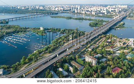 Aerial top view of industrial park zone from above, factory chimneys and warehouses, industry district in Kiev (Kyiv), Ukraine
