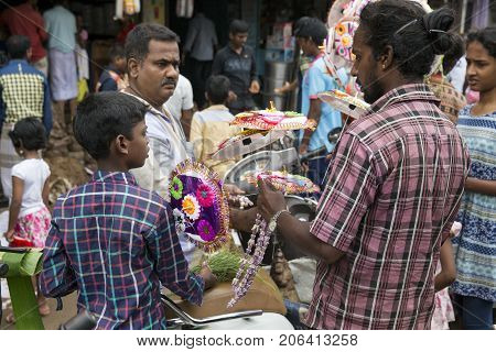 Close up of hand crafted Ganesha idol clay statues displayed in the market during Ganesh Festival.