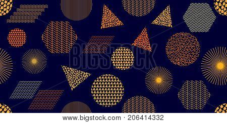 Circles, triangles, parallelograms, hexagons with different ornaments. Composition for textile design, web design, cards.