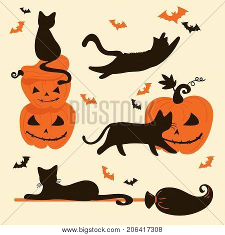 Collection of Halloween decor and objects. Lovely cats and pumpkins. Vector illustration.