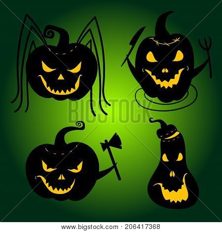 Set of Halloween Pumpkins with scary faces. Pumpkin spider, hungry pumpkin, angry and crazy
