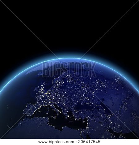 Europe night view. Maps from NASA imagery 3d rendering