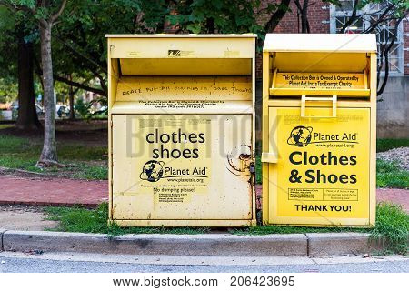 Washington Dc, Usa - August 4, 2017: Planet Aid Clothes And Shoes Charity Collection Box For Old Clo