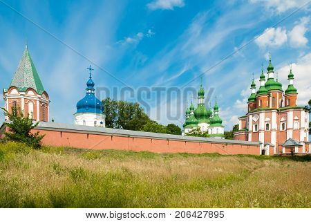 Gustynsky monastery complex. Panorama of Gustyn Holy-Trinity Monastery. Convent Monastery, on a sunny day, Ukraine, Chernigov region