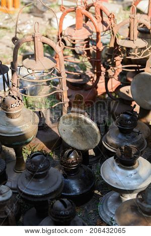 Dnipro, UKRAINE - September 2017: Flea market in Dnipro. Old vintage stuff for sale. Different used products: gas lamps, home utensils for sale on secondhand market in Dnipro, Ukraine.