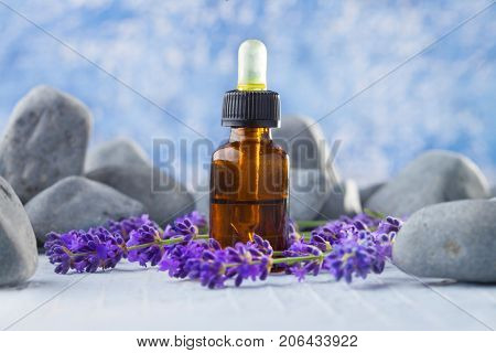 bottle of lavender massage oil - beauty treatment