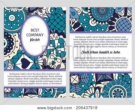 Brouchure design template for company in blue and lilac colors, vector illustration